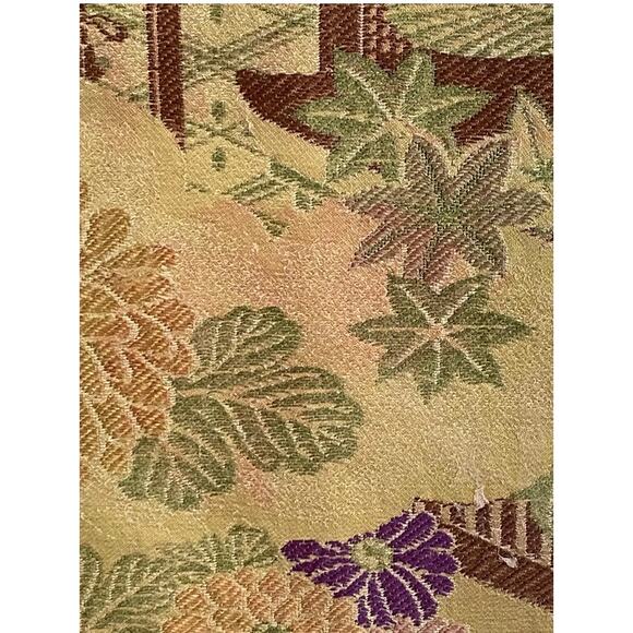 Antique Japanese Maru Silk & Wool Obi With Multicolored Peonies Landscape Design - Picture 11 of 12